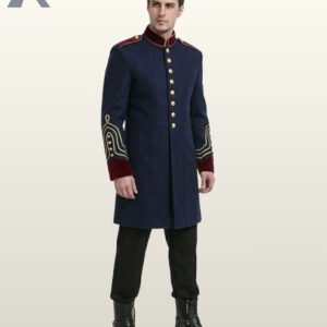 Men's victorian naval parade jacket featuring brass front buttons, maroon velvet standing collar, epaulet straps, and leather combat boots.