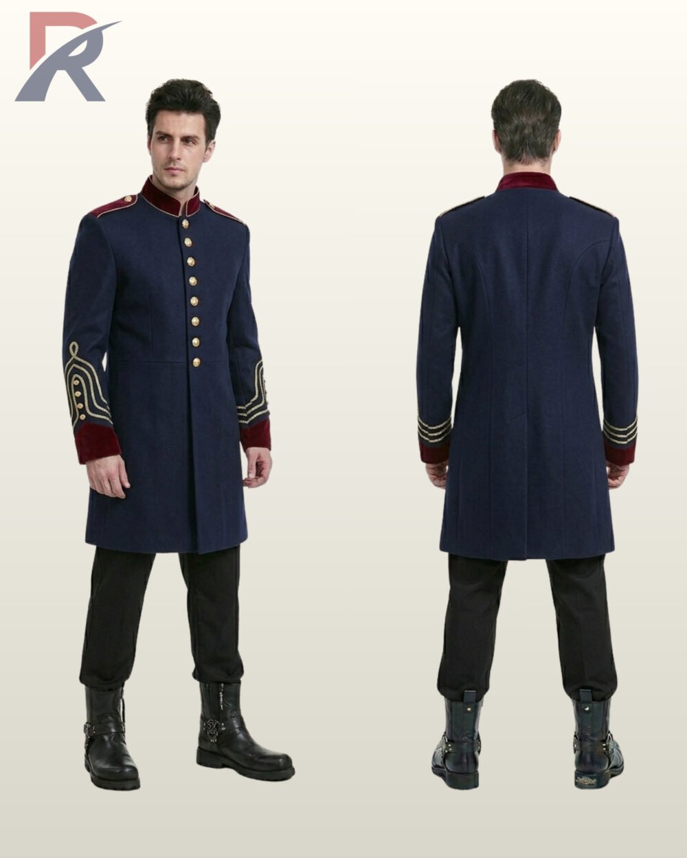 Side-by-side front three-quarter and rear model view of a men's royal navy blue military officer tunic coat with burgundy velvet accents.