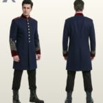 Side-by-side front three-quarter and rear model view of a men's royal navy blue military officer tunic coat with burgundy velvet accents.