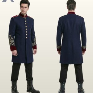 Side-by-side front three-quarter and rear model view of a men's royal navy blue military officer tunic coat with burgundy velvet accents.