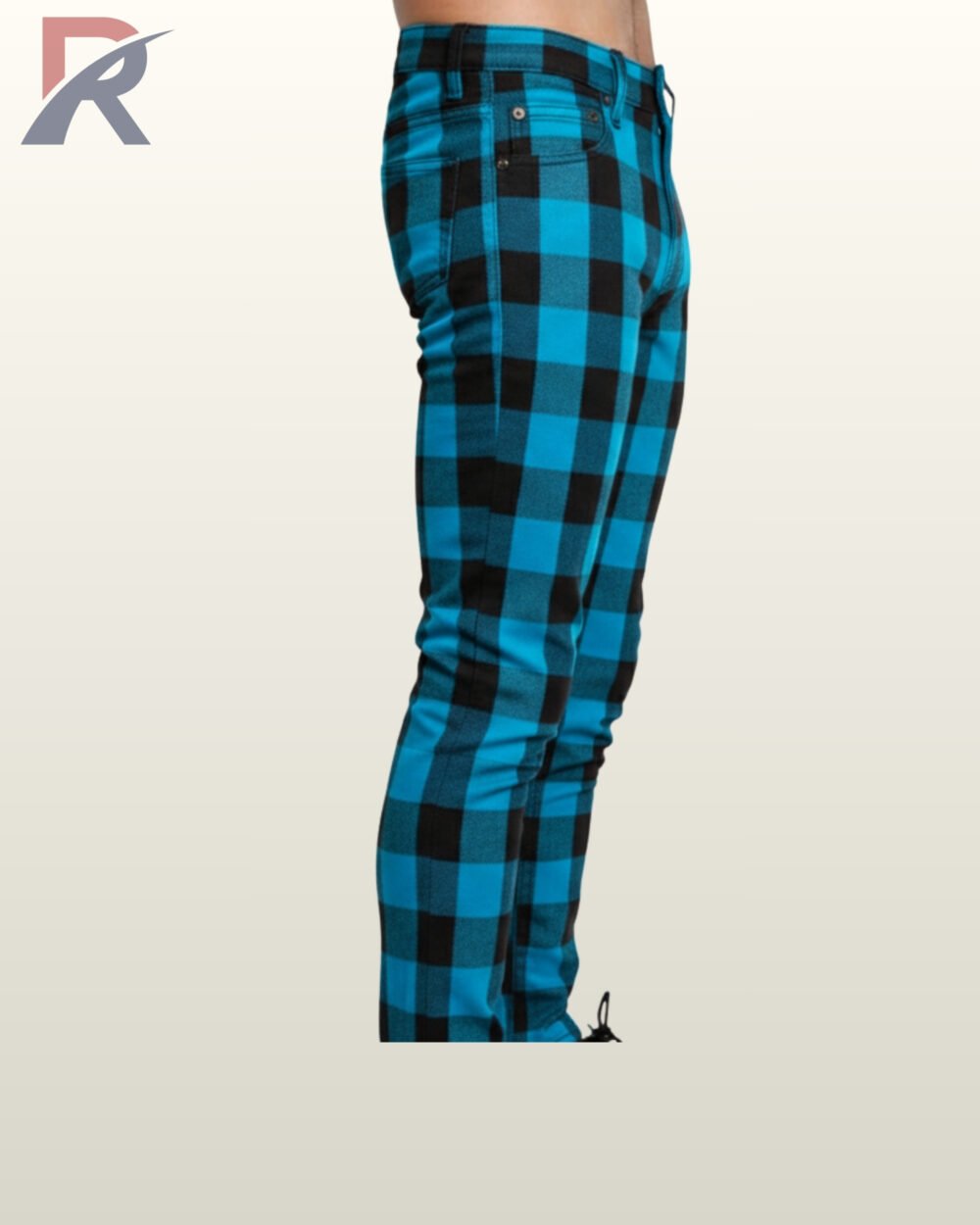 Cyan blue checkered slim pants for modern rock and alternative streetwear.