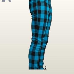 Cyan blue checkered slim pants for modern rock and alternative streetwear.
