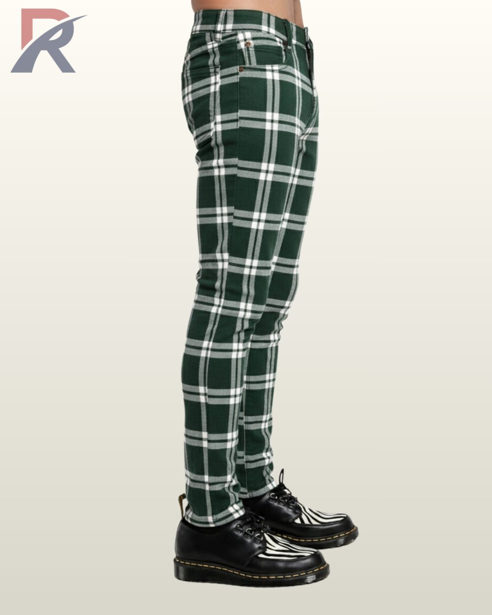 Men's alternative fashion skinny jeans featuring a forest green tartan design.