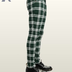 Men's alternative fashion skinny jeans featuring a forest green tartan design.