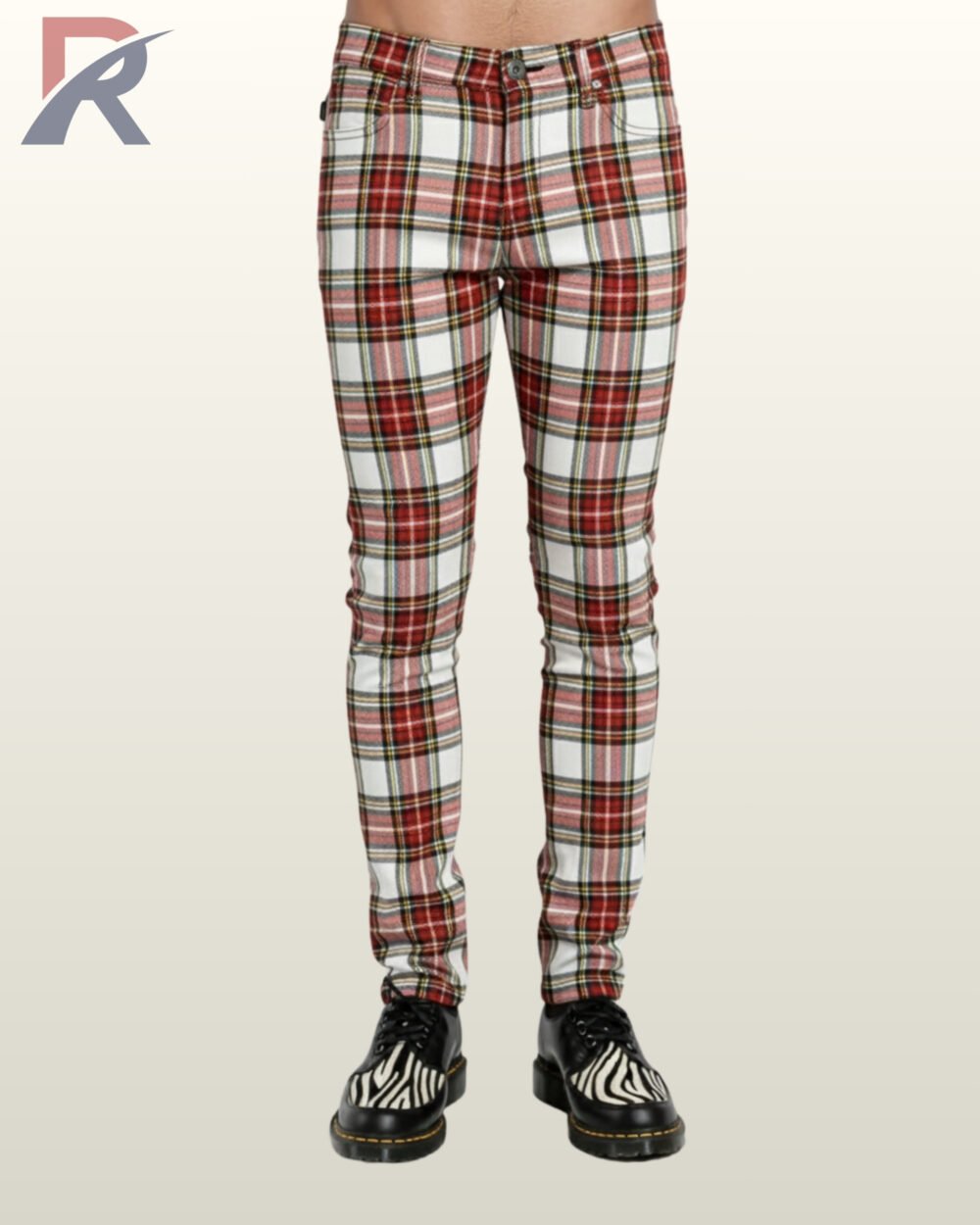 Front view of traditional punk style white plaid skinny pants with red and black stripes.
