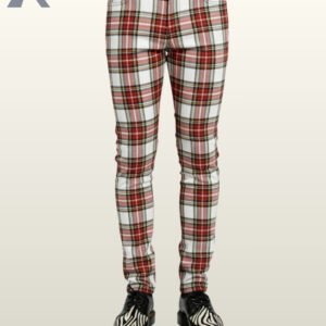 Front view of traditional punk style white plaid skinny pants with red and black stripes.