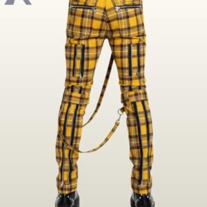 Back perspective of men's yellow and black checkered gothic trousers detailing silver back pocket zips, rear knee buckles, and platform leather boots.