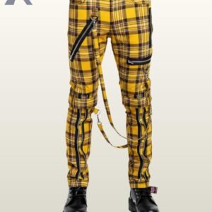 Full front view of a male model wearing yellow tartan plaid punk bondage pants with silver zippers, thigh straps, and hanging D-ring bondage straps.