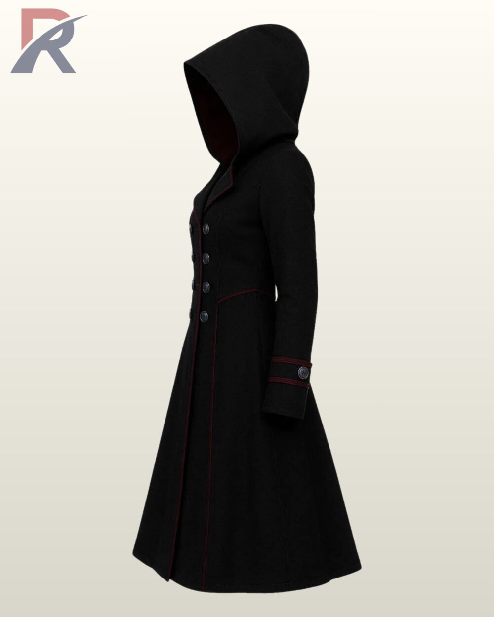 Military goth style long jacket in black with double-breasted metallic buttons and red accents.