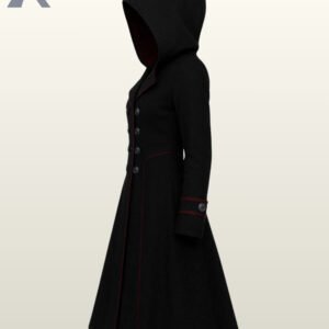 Military goth style long jacket in black with double-breasted metallic buttons and red accents.