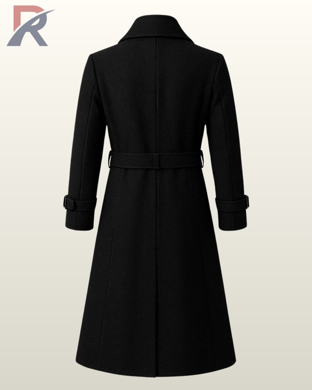 Military-inspired double-breasted overcoat in black fabric featuring decorative chest straps with metal buckles.