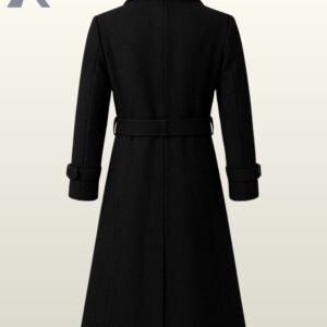 Military-inspired double-breasted overcoat in black fabric featuring decorative chest straps with metal buckles.