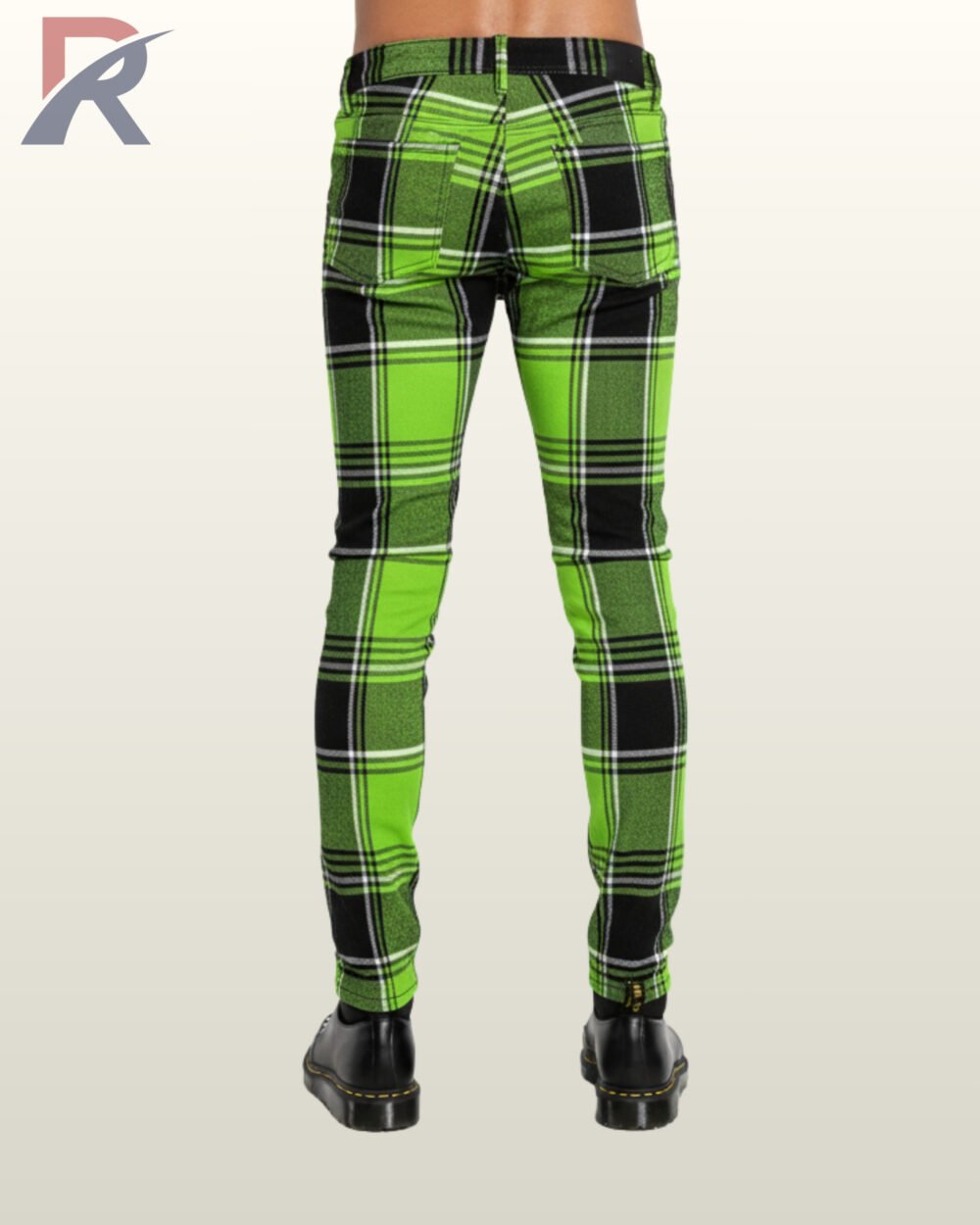 Cyber goth style lime green plaid skinny jeans styled with zebra accent shoes.