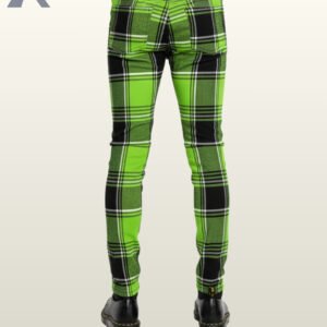 Cyber goth style lime green plaid skinny jeans styled with zebra accent shoes.