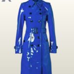 Double-breasted women's raincoats featuring a high-gloss patent finish in blue and black button.