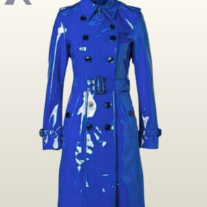 Double-breasted women's raincoats featuring a high-gloss patent finish in blue and black button.
