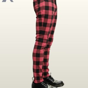 Close-up of slim-cut alternative trousers showcasing a pink and black tartan motif.