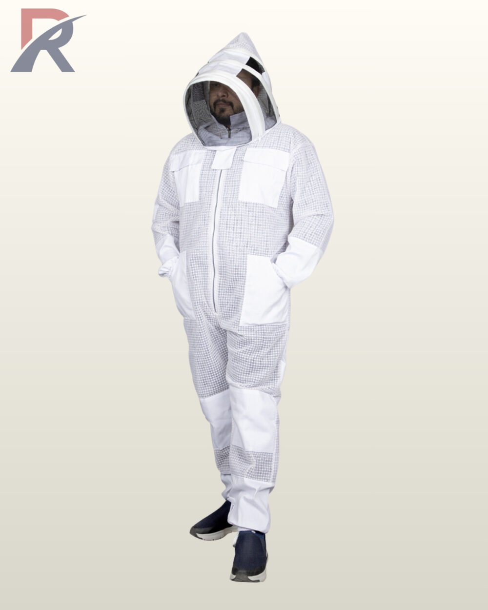 Sting-proof professional beekeeper suit featuring breathable mesh fabric, chest pockets, reinforced knee patches, and front zipper entry.