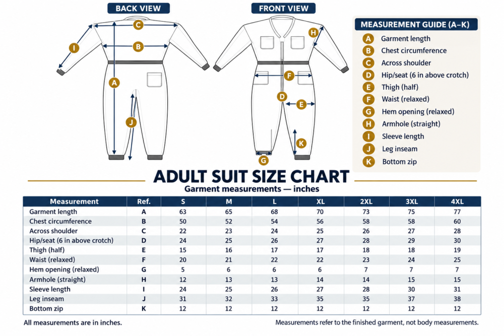 Comprehensive measurement chart graphic for adult protective beekeeping suits detailing lettered reference points A through K across sizes S to 4XL.