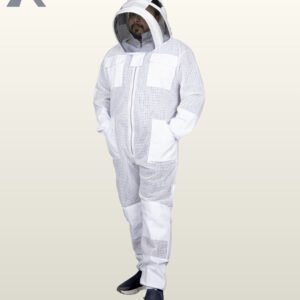 Sting-proof professional beekeeper suit featuring breathable mesh fabric, chest pockets, reinforced knee patches, and front zipper entry.