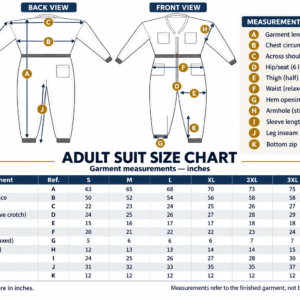Comprehensive measurement chart graphic for adult protective beekeeping suits detailing lettered reference points A through K across sizes S to 4XL.