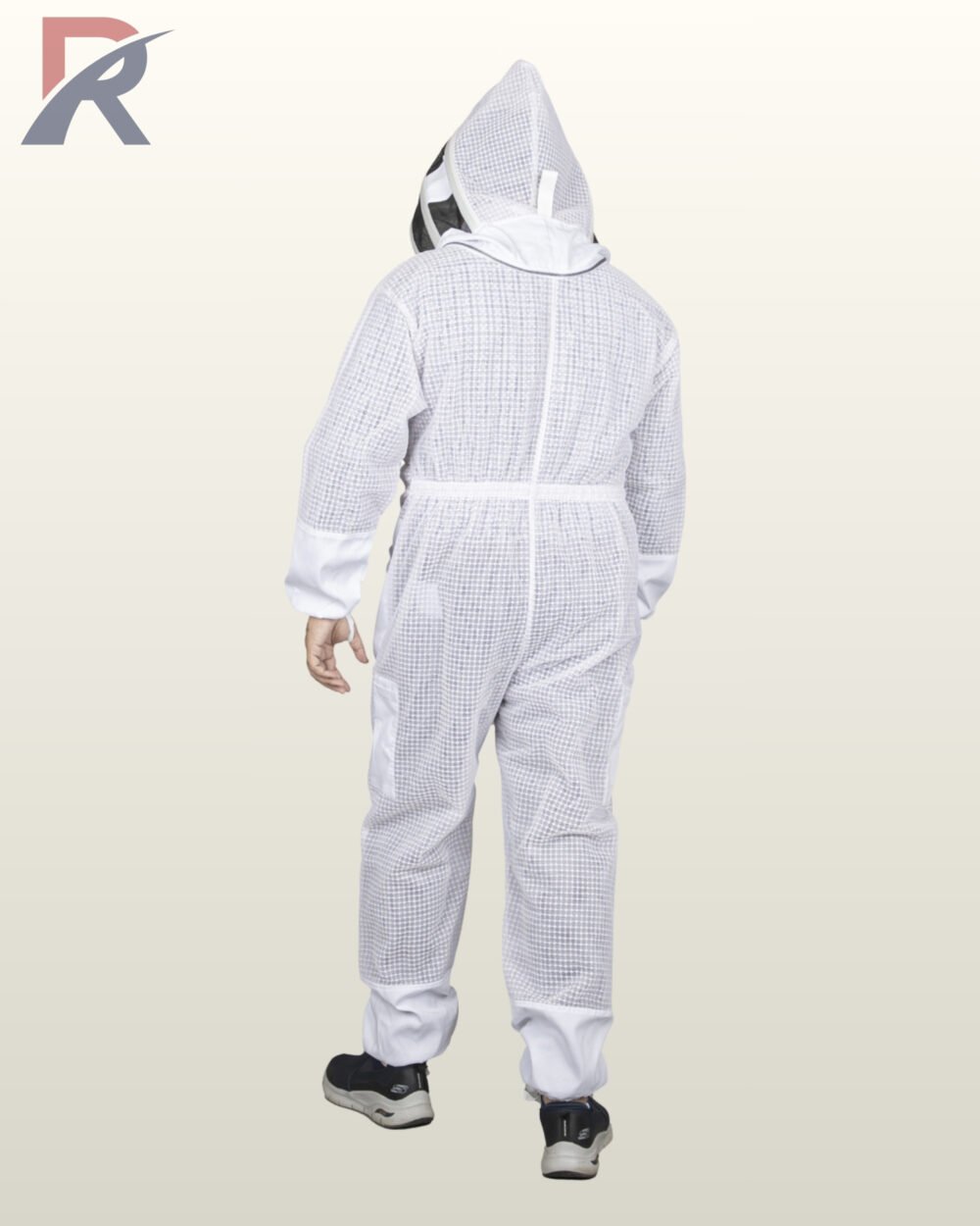 Full rear view of a male model wearing a white ultra-ventilated mesh beekeeper suit showing elasticated waist gathering and hood attachment.
