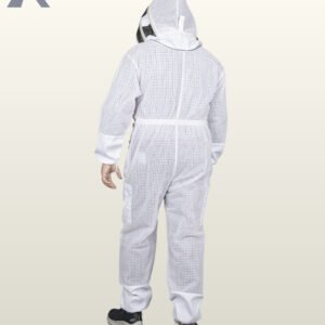 Full rear view of a male model wearing a white ultra-ventilated mesh beekeeper suit showing elasticated waist gathering and hood attachment.