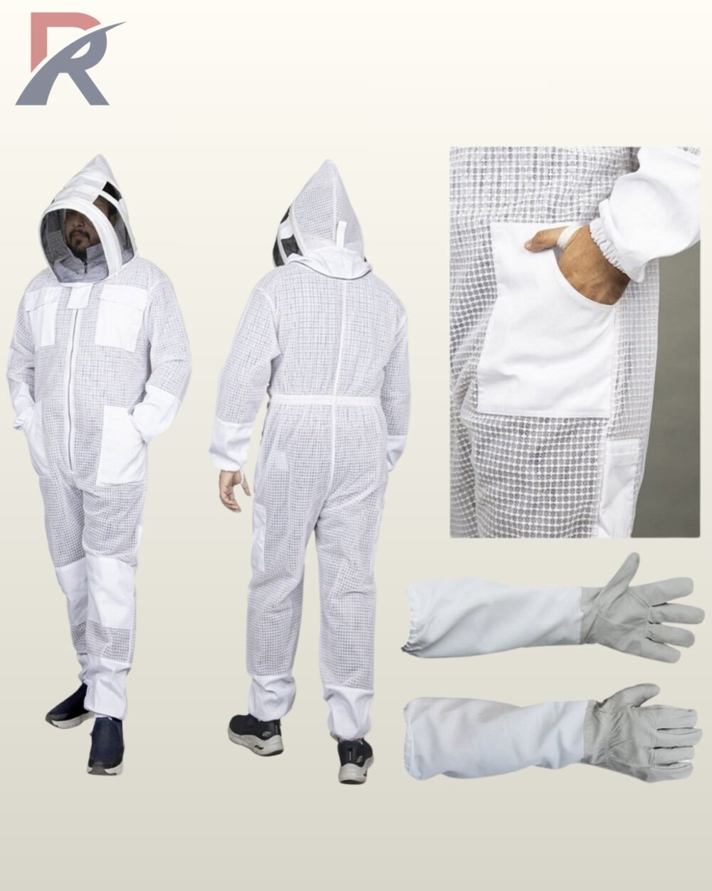 Composite product view showing front and rear views of a white ventilated bee suit alongside close-ups of hip pockets and leather beekeeping gloves.