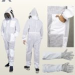 Composite product view showing front and rear views of a white ventilated bee suit alongside close-ups of hip pockets and leather beekeeping gloves.