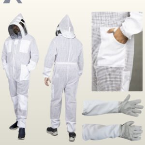 Composite product view showing front and rear views of a white ventilated bee suit alongside close-ups of hip pockets and leather beekeeping gloves.