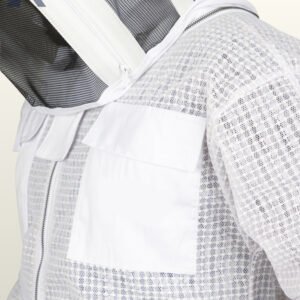 Detail view of a 3-layer air-flow ventilated bee suit highlighting heavy-duty front entry zippers, neck mesh protection, and chest pocket flaps.