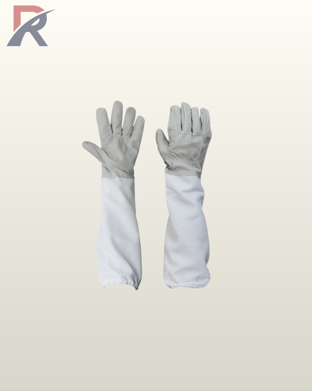 Pair of professional gray goat-skin leather beekeeping gloves featuring long white canvas arm sleeves with elastic wrist gatherers.