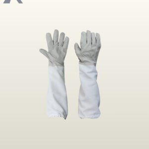 Pair of professional gray goat-skin leather beekeeping gloves featuring long white canvas arm sleeves with elastic wrist gatherers.