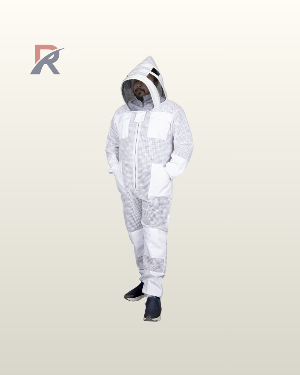 Full front three-quarter view of a model wearing a white 3-layer ultra-ventilated mesh beekeeping suit equipped with a removable fencing veil hood.