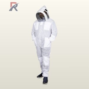 Full front three-quarter view of a model wearing a white 3-layer ultra-ventilated mesh beekeeping suit equipped with a removable fencing veil hood.