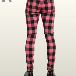 Gothic street fashion pink and black plaid skinny jeans paired with zebra print shoes.