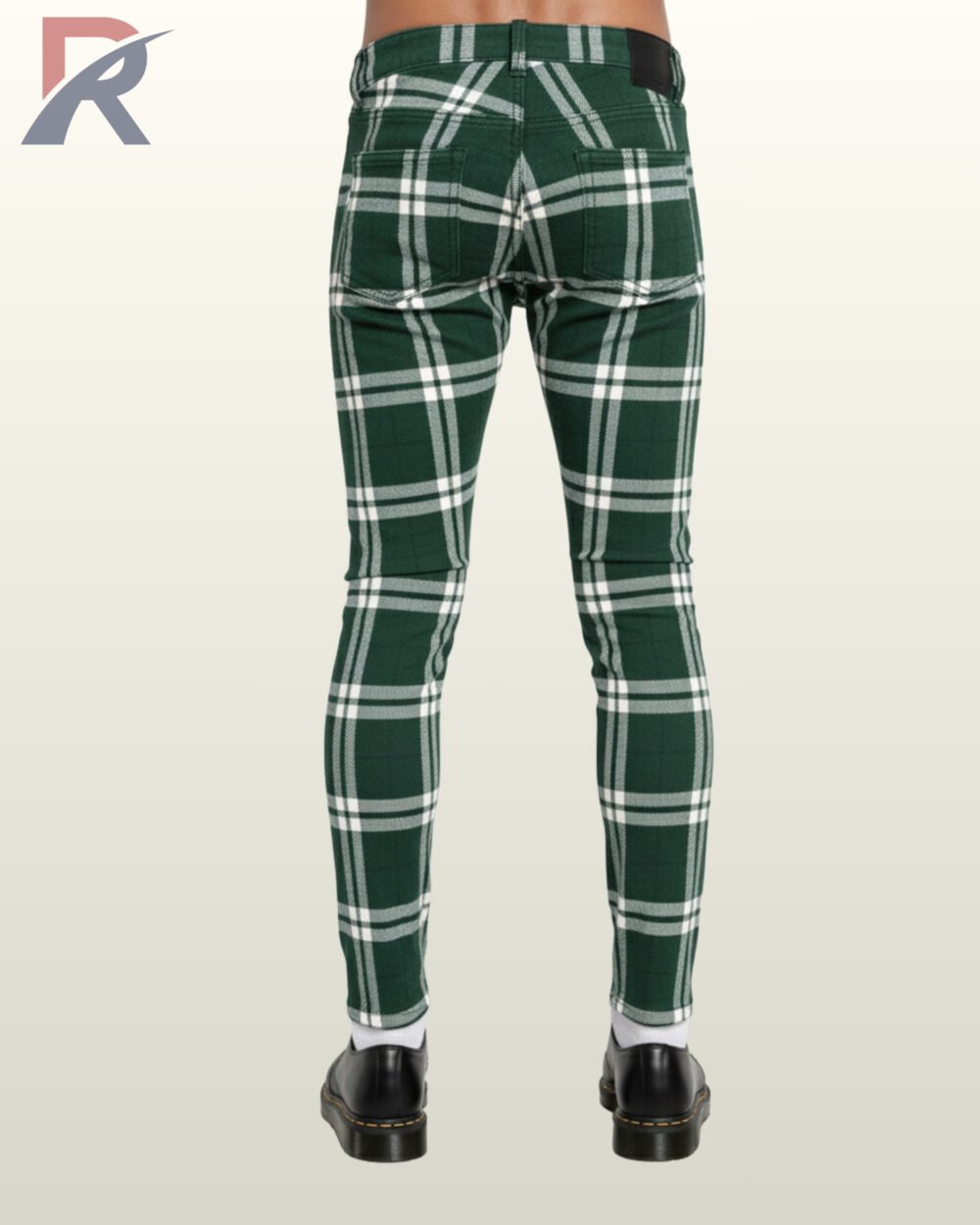 Slim-cut men's trousers in a deep forest green and white tartan plaid pattern.