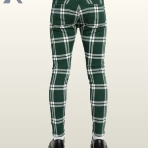 Slim-cut men's trousers in a deep forest green and white tartan plaid pattern.