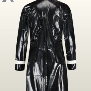 Premium liquid-look rain mac in classic black with bold white contrast paneling.