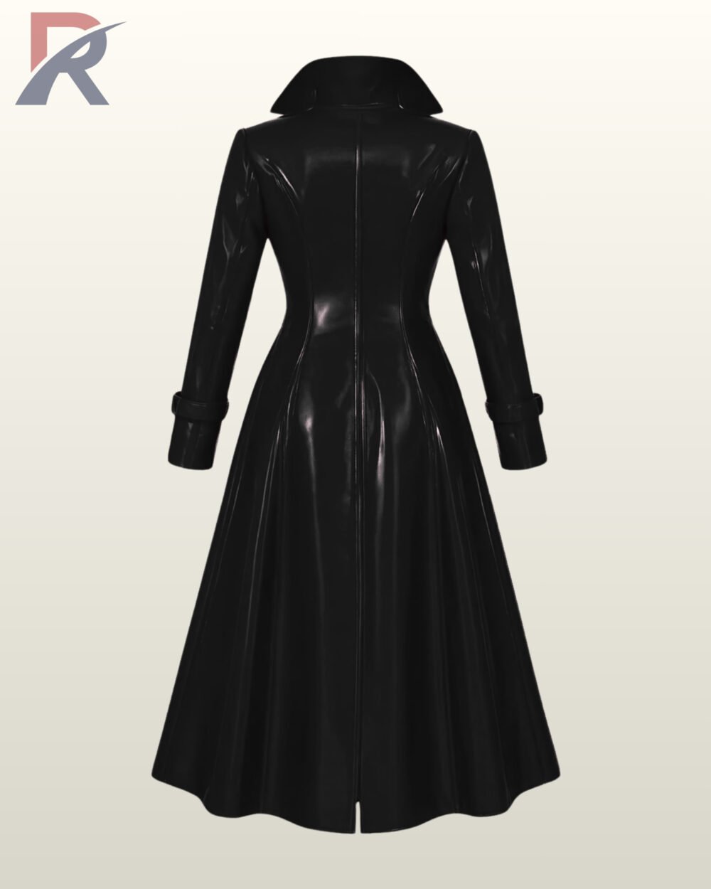 Black wet-look tactical cosplay jacket in a long dress-cut profile with turn-back sleeve cuffs.