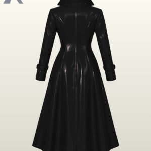 Black wet-look tactical cosplay jacket in a long dress-cut profile with turn-back sleeve cuffs.