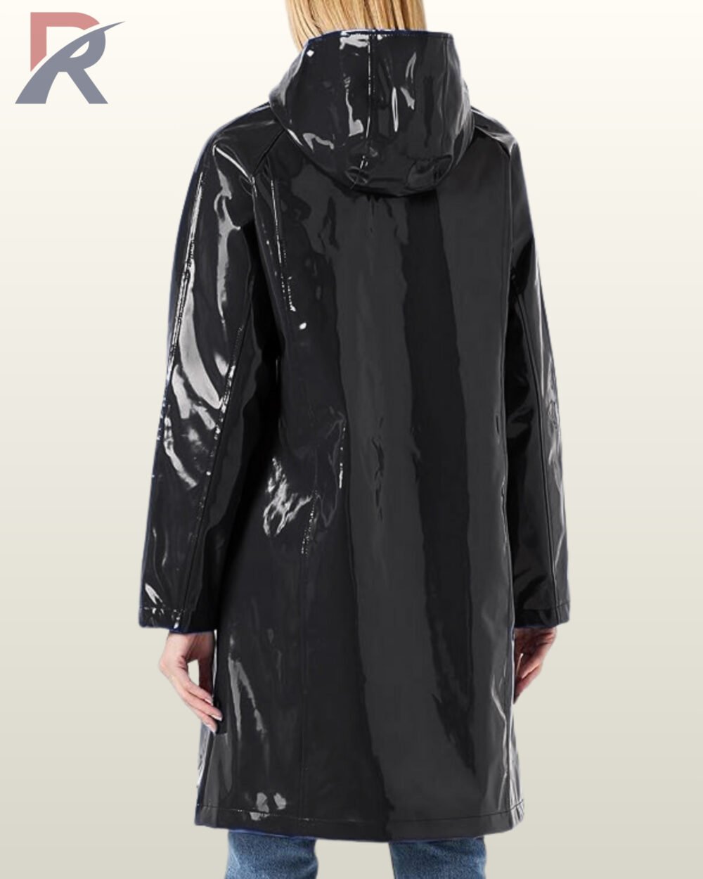 Fashionable women's high-shine black vinyl slicker jacket perfect for wet weather.