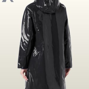 Fashionable women's high-shine black vinyl slicker jacket perfect for wet weather.