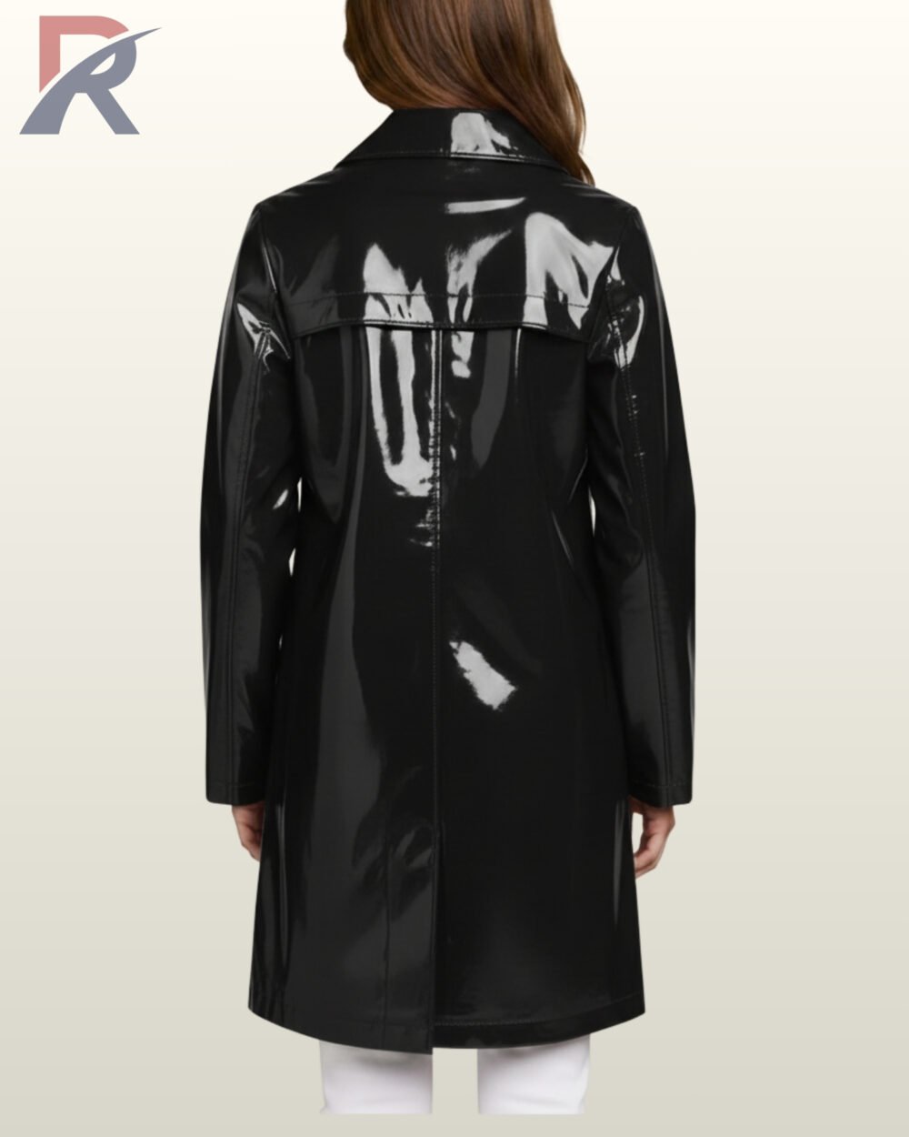 Black wet-look waterproof slicker jacket with a high-gloss texture worn over a white outfit.