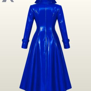 Vibrant royal blue wet-look jacket for sci-fi or anime cosplay featuring tailored panel construction.