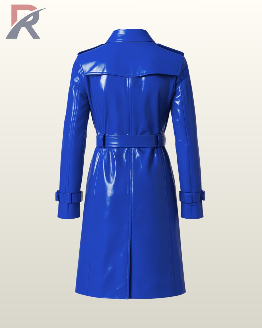 Premium women's glossy trench coats with structured collars and waist belts in blue and black buttons.