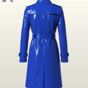 Premium women's glossy trench coats with structured collars and waist belts in blue and black buttons.