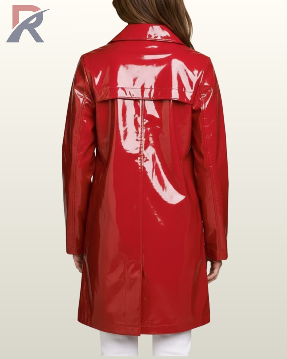 Vibrant red wet-look waterproof slicker jacket in a lightweight mid-length cut.