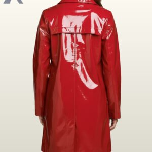 Vibrant red wet-look waterproof slicker jacket in a lightweight mid-length cut.