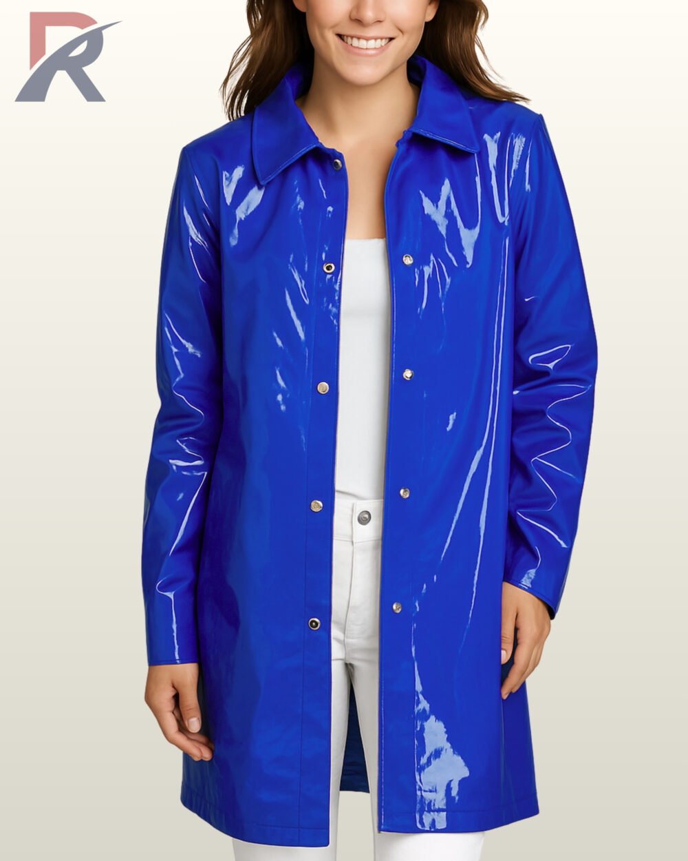Women royal blue vinyl trench coat featuring a striking reflective high-gloss finish.